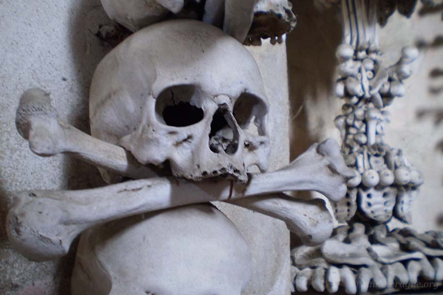 Photo of a skull decorating the Church of All Saints in Kutna Hora.