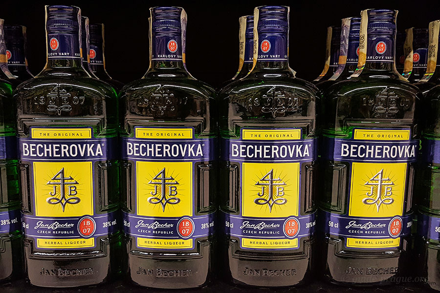 Photo of Becherovka bottles.