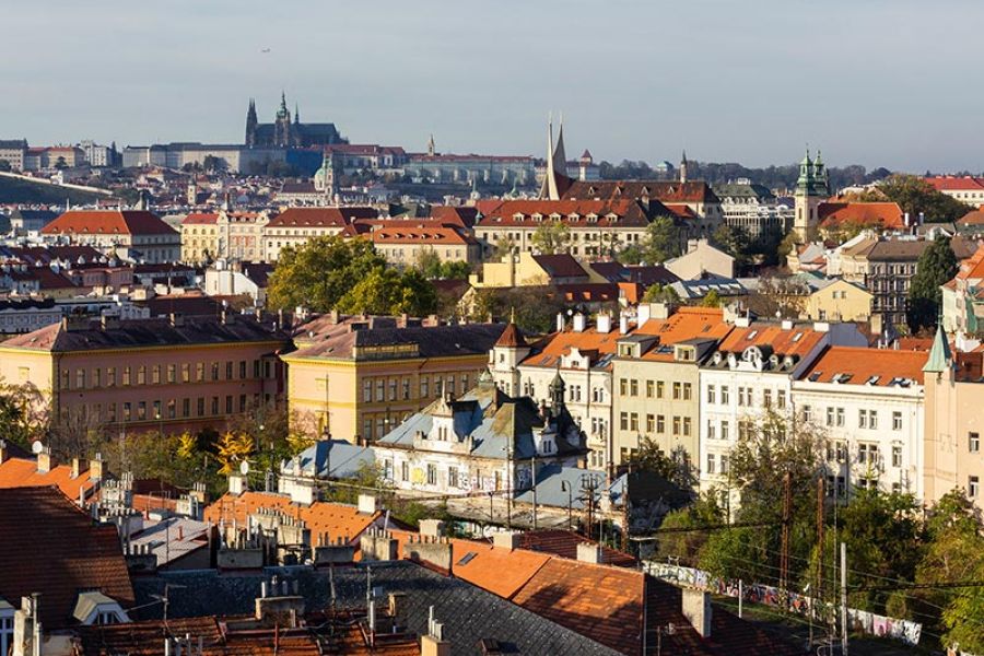 Вид на город с Вышеграда, в далеке силуэт Пражского града